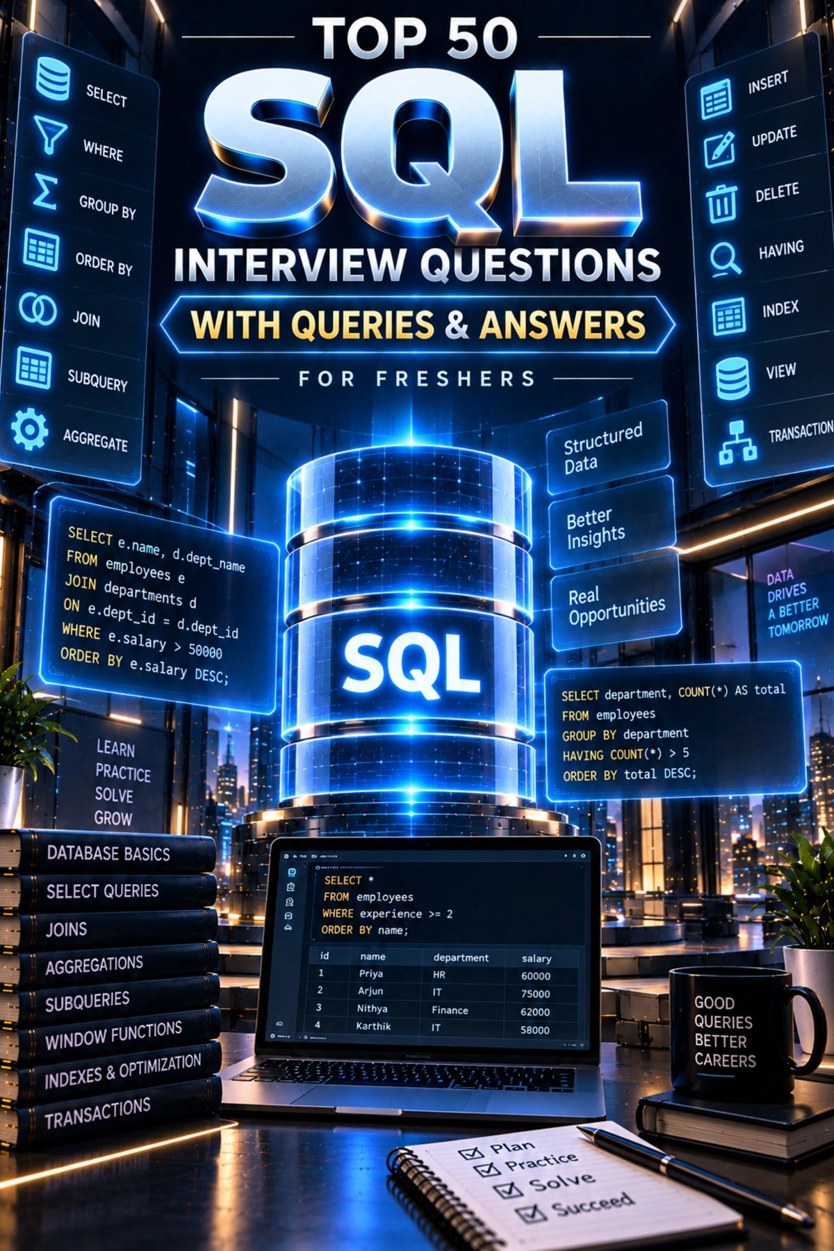 Top 50 SQL Interview Questions with Queries & Answers ⭐